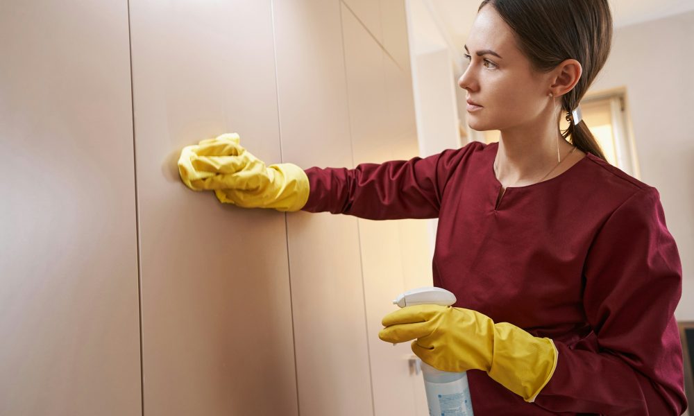 Concentrated young Caucasian female janitor cleaning furniture