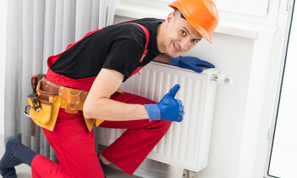 Repair heating radiator close-up. man repairing radiator with wrench. Removing air from the radiator